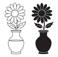 Simple floral design featuring outlined and filled daisies in vases with leaves