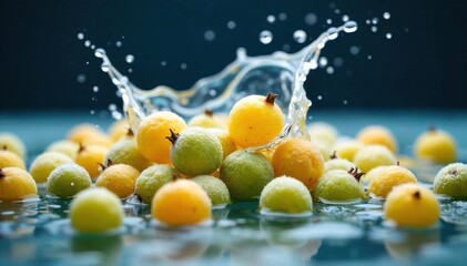 Aqua and Citrus Splash with Frozen Berries A dramatic high speed capture of a dynamic splash of clear water, with bright yellow lemon and green lime wedges caught mid air. Frozen whole berries (like
