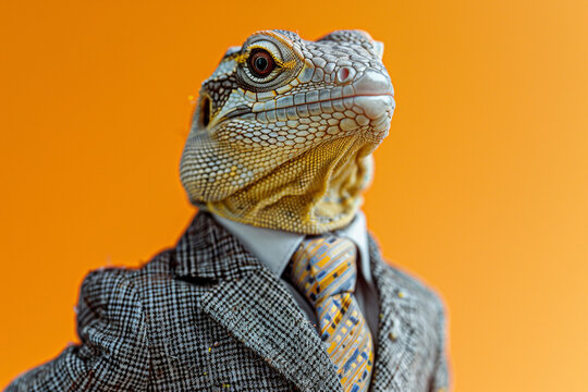 A stylish and professional lizard dressed in a sharp suit and tie, exuding confidence and sophistication in its appearance  