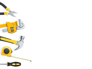 Various construction tools like hammer, pliers, screwdriver and tape measure, isolated on white background, concept of home repair