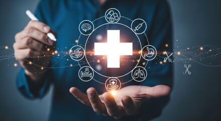 Digital Healthcare and Medical Technology Integration with Glowing Cross Icon on Businessman's Hand