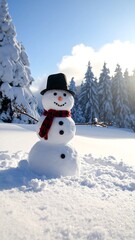Obraz premium Cheerful snowman wearing a hat and scarf, snowy forest background