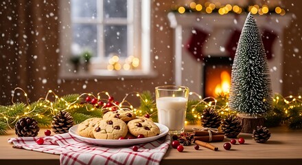 Cozy Christmas evening with cookies and milk for Santa by a warm fireplace.