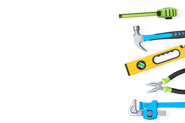Various hand tools such as saw, screwdriver, hammer, wrench, pliers, and level isolated on white background with clipping path