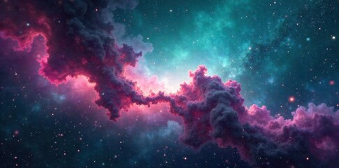 Cosmic nebula cloud with glowing stardust and swirling galactic dust, space themed banner A majestic, highly detailed cosmic nebula in swirling shades of deep teal, magenta, and gold. Tiny, glowing