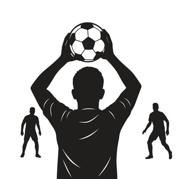 black and white vector silhouette illustration of a soccer throw-in scene