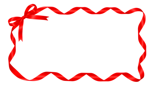 Decorative red ribbon forming a wavy border with a bow isolated on transparent background