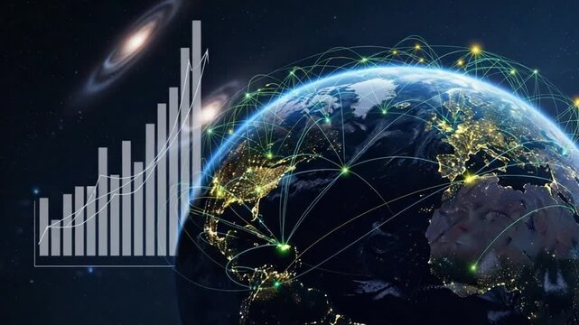 Global Network Connections and Financial Growth With Earth And Stars Background