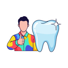 Man with dark hair wearing colorful patterned shirt gives thumbs up next to large, sparkling blue tooth, symbolizing dental health and satisfaction