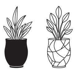 Two minimalist black and white illustrations of potted plants for decorative purposes