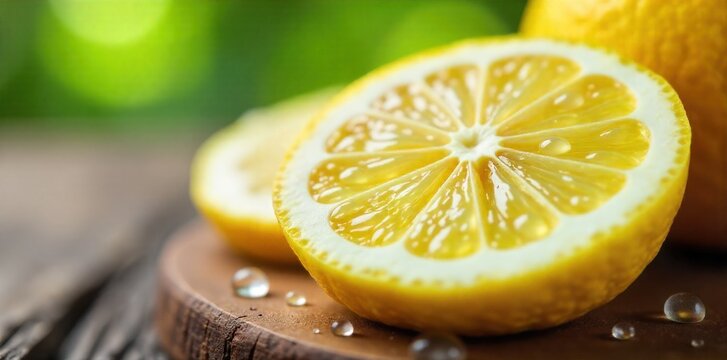 Close up of lemon slices and water droplets on a clean surface. Extreme close up of thin lemon slices with pristine water droplets clinging to their surface. The background is a blurred, bright white.