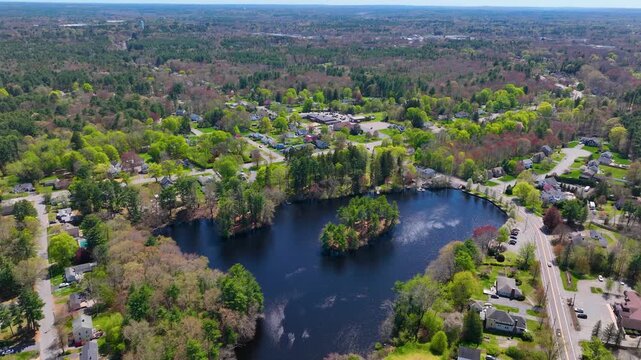 Johnson Pond aerial view on Forge River in spring at the historic center of Raynham, Bristol County, Massachusetts MA, USA. 