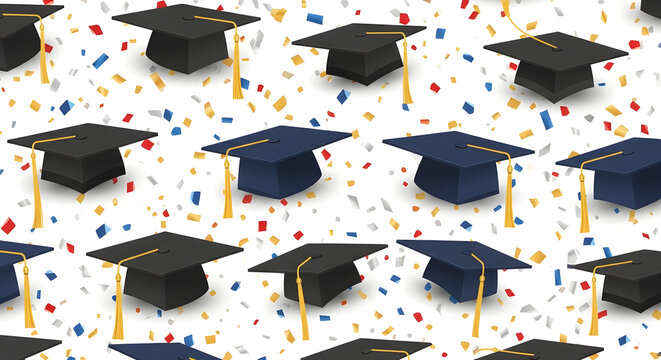 A festive pattern of graduation caps and confetti, symbolizing academic achievement and celebration.