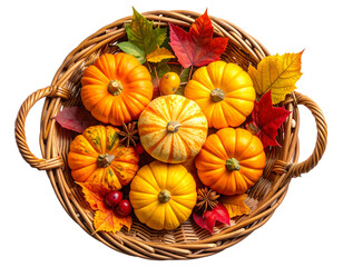 Autumn Harvest Basket Filled with Pumpkins, Gourds, and Fall Leaves, Top-Down View, Isolated on Transparent Background 