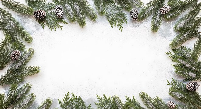 A festive Christmas frame made of snow-dusted fir branches and pinecones on a white background.