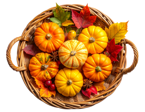 Autumn Harvest Basket Filled with Pumpkins, Gourds, and Fall Leaves, Top-Down View, Isolated on Transparent Background