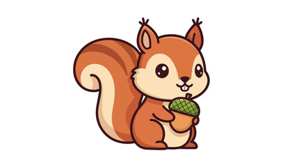Adorable squirrel cartoon illustration with a fluffy tail and holding an acorn snack