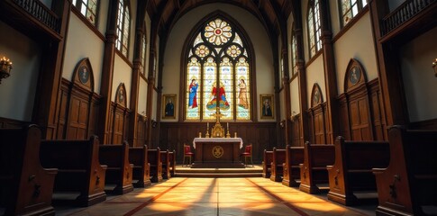 Light streaming through stained glass windows in a quiet, empty church sanctuary. Interior of a grand church sanctuary, viewed from a low angle. Sunlight streams through a large, ornate stained glass