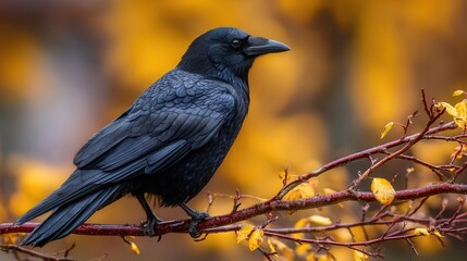 Fototapeta premium Majestic raven perched on a branch with vibrant fall foliage creating a stunning and captivating nature scene perfect for autumn-themed projects