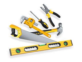Various hand tools such as saw, screwdriver, hammer, wrench, pliers, and level isolated on white background with clipping path