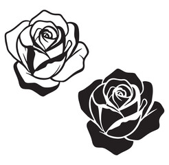 Vector illustration of two black and white rose flower silhouettes for design and decoration