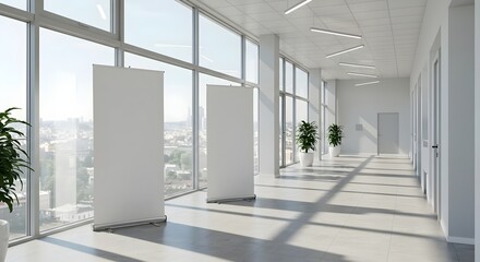Modern Office Hall with Two Empty White Roll-Up Banner Stands for Business Presentations, background, mockup, Blank roll up banner stand in modern office