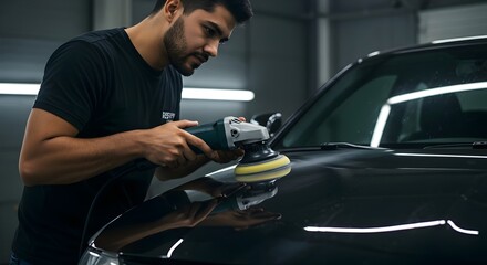 Car detailing and polishing concept of professional man car service worker with orbital polisher polishing black luxury car in auto repair shop, wallpaper