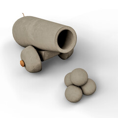 Concrete Cannon Replica With Concrete Cannonballs on a White Background. 3D Illustration. File with Clipping Path