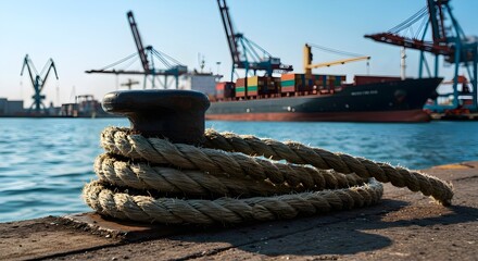 Thick mooring ropes tied around a bollard, securing a large ship to the dock in a bustling industrial harbor, wallpaper