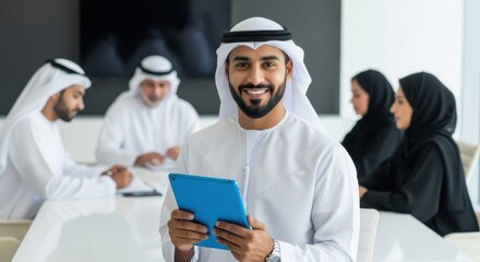 Smiling Arab Businessman Holding a Digital Tablet in Front of a Business Meeting