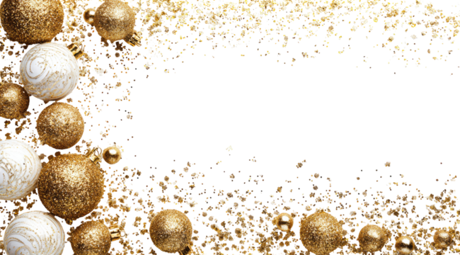 Gold and white Christmas ornaments frame a black space