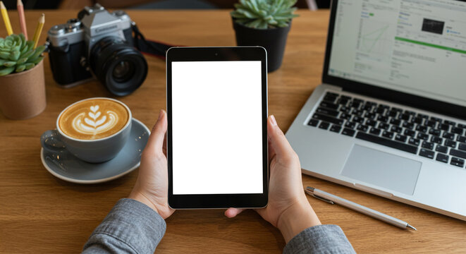 Person holding a blank screen tablet at a wooden desk with laptop and coffee.