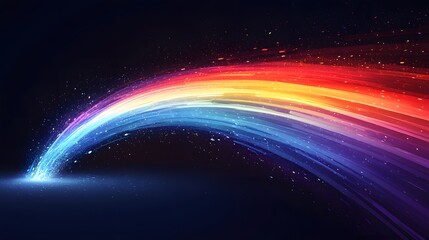 Dynamic abstract arc of light streaming from a glowing point, displaying a full spectrum of vibrant colors?blue, purple, yellow, and red?on a dark background.