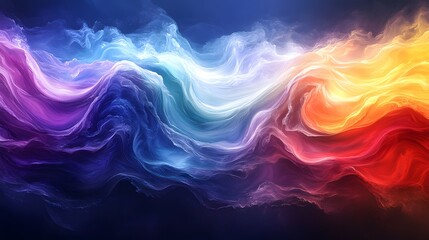 Obraz premium Abstract wave of flowing, smoke-like texture with a vibrant color gradient blending from cool blues and purples to warm reds and oranges with a bright, central core.