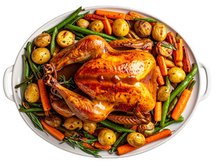 Golden Roasted Whole Turkey with Vegetables and Gravy, Top-Down Flat Lay, Isolated on Transparent Background