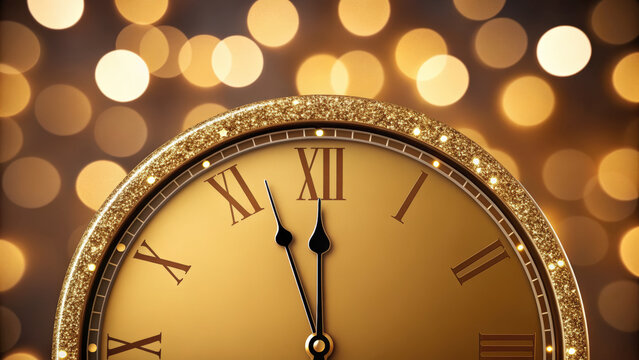 Golden clock glitter bokeh midnight countdown celebration festive sparkle roman numeral closeup. golden face ticks toward midnight joy