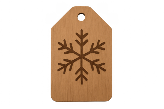 Wooden gift tag showing engraved snowflake design
