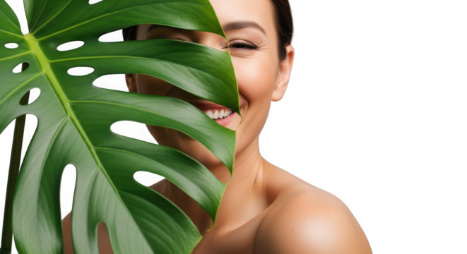 Smiling woman partially covered by large green leaf isolated on transparent background - Powered by Adobe