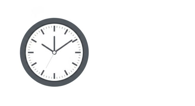 Minimalist analog clock with black frame and white face isolated on transparent background