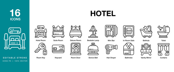 Hotel icon set. Includes hotel, luxury, vacation, accommodation, resort and More. Editable Stroke Icon Collection.