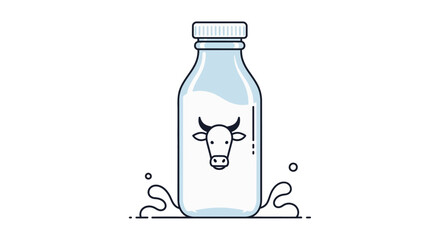 Minimalist vector illustration of a milk bottle with cow symbol and water droplets icon