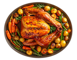  Golden Roasted Whole Turkey with Vegetables and Gravy, Top-Down Flat Lay, Isolated on Transparent Background 