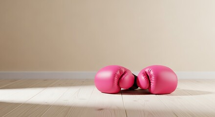 Pair of pink boxing gloves resting on a light wooden floor