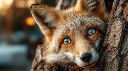 Obraz premium Intense gaze of a fox peering curiously from behind a tree, a stunning wildlife portrait capturing the animal's beauty and wilderness charm