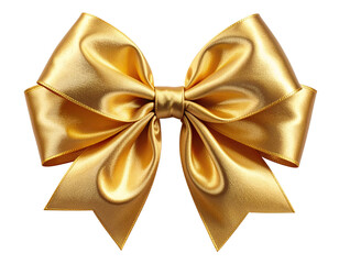  Elegant Golden Satin Ribbon Bow with Smooth Texture, Front View, Isolated on Transparent Background
