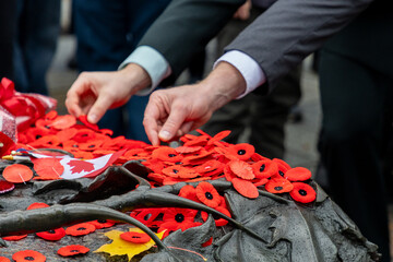 People placing red poppy flowers on Remembrance Day in Ottawa, Canada