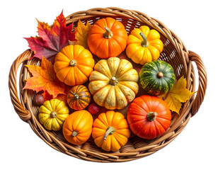  Autumn Harvest Basket Filled with Pumpkins, Gourds, and Fall Leaves, Top-Down View, Isolated on Transparent Background 