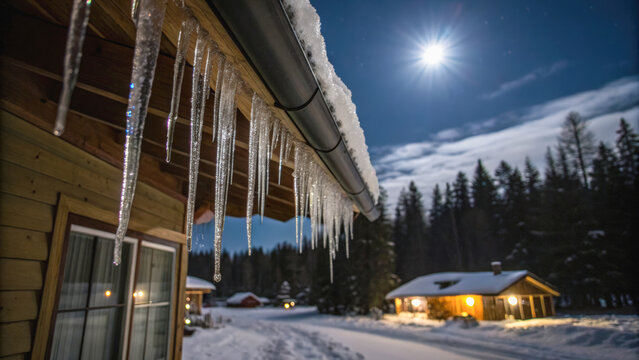 Icicles roof moonlight winter cabin snow night forest cold serene winter night with shimmering icicles roof and cozy cabin lights snowy woodland