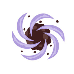 A stylized illustration depicts a powerful brown vortex with swirling purple energy and flying debris, representing destruction or a digging process.