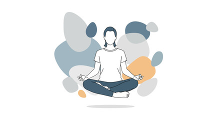 Meditating woman in lotus position with abstract organic shapes background promoting mindfulness